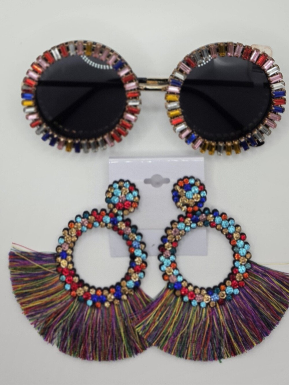 Multicolor Rhinestone Round Sunglasses & Tassel Earrings 2pcs Set